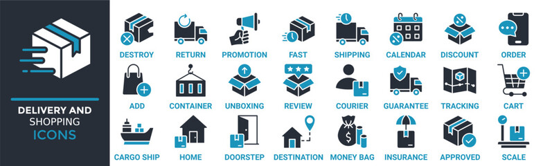 Delivery and Shopping icon set. Containing destroy, return, promotion, fast, shipping, calendar, discount and more. Solid vector icons collection