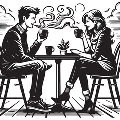 black and white vector of people sitting and drinking a cup of coffee