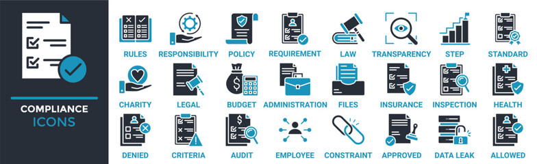 Compliance icon set. Containing rules, responsibility, policy, requirement, law, transparency, step and more. Solid vector icons collection