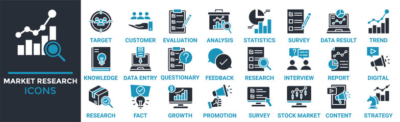 Market research icon set. Containing target, customer, evaluation, analysis, statistics, survey, data result and more. Solid vector icons collection