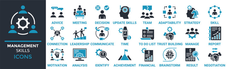 Management skills icon set. Containing advice, meeting, decision, update skills, team, adaptability, strategy and more. Solid vector icons collection