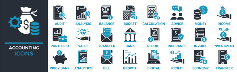 Accounting icon set. Containing audit, analysis, balance, budget, calculation, advice, money, income and more. Solid vector icons collection