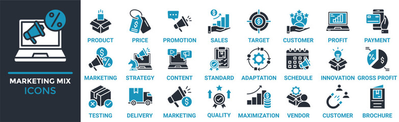 Marketing mix icon set. Containing product, price, promotion, sales, target, customer, profit and more. Solid vector icons collection