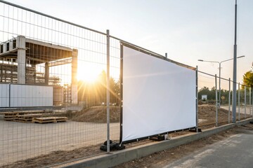 Blank white banner on construction fence under sunny sky. Perfect for commercial branding, advertisements, mockups, announcements, or real estate development marketing and communication projects.

