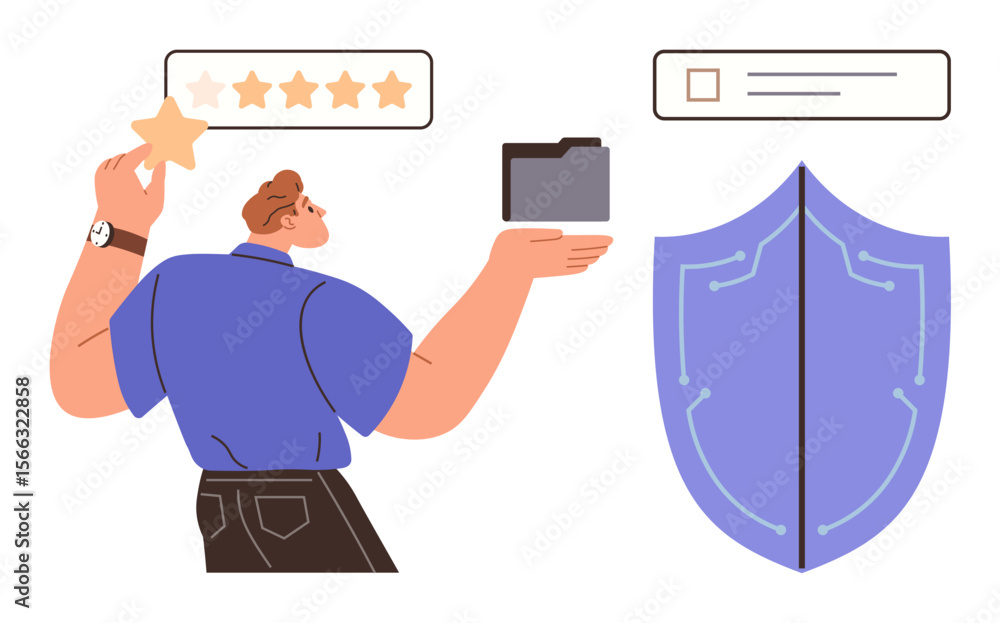Poster man holding file and a star, shield icon representing data security, and task checklist. ideal for d