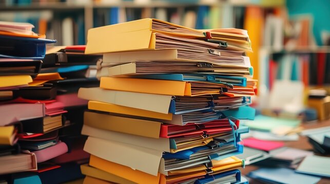 A large stack of colorful folders and documents piled high on a cluttered desk in an office or library setting.