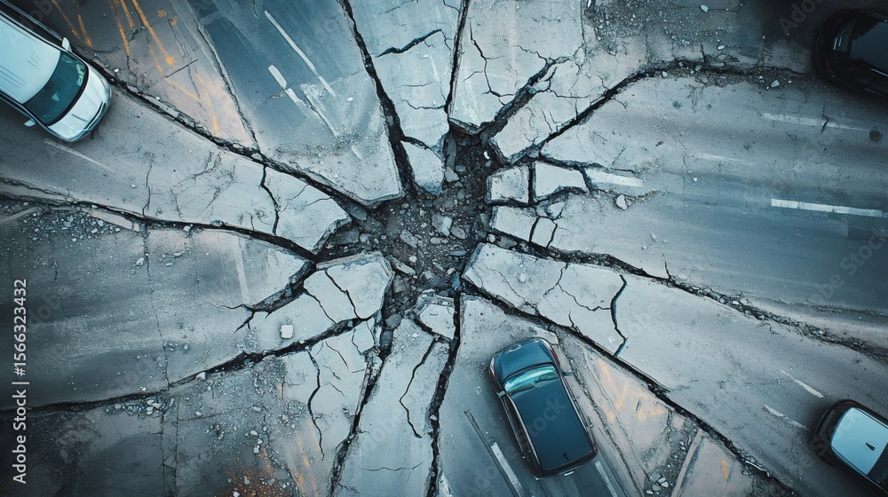 Poster aerial view revealing fractured roadway with extensive cracking and massive central sinkhole, result