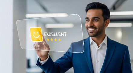 Businessman Engaging With Digital Rating Interface Happily