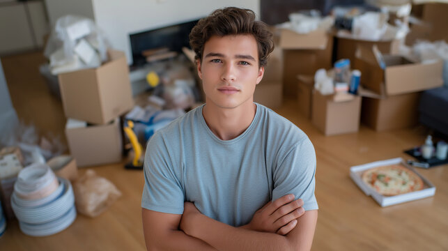 Overwhelmed person on moving day with boxes and supplies