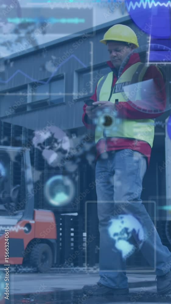Poster animation of data processing with scope scanning over caucasian worker in warehouse