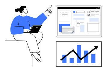 Person holding laptop, pointing at screen with analytics dashboard, chart indicating growth. Ideal for business, strategy, analysis, digital tools, marketing productivity technology. Simple flat