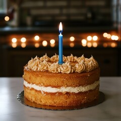 Celebration cake with a single candle glowing brightly in a cozy kitchen