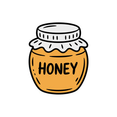 Jar of honey in cartoon hand-drawn style illustration on a white background