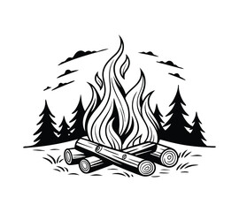 Monochrome Campfire Line Art, Ideal for t-shirt prints and travel logos
