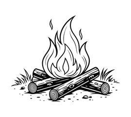 Hand-Drawn Bonfire and Forest Scene, Represents heat, camping, and wilderness survival