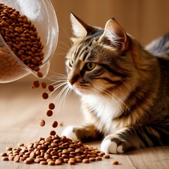 Cat wit dry cat food pouring near cozy light vibe