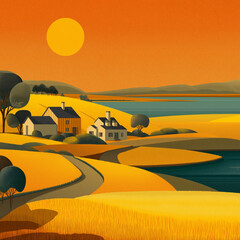stylized illustration of a serene countryside landscape, created using simple flat colors and geometric shapes. It evokes a warm, tranquil atmosphere with its harmonious composition
