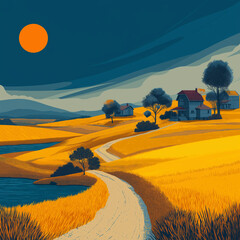 stylized illustration of a serene countryside landscape, created using simple flat colors and geometric shapes. It evokes a warm, tranquil atmosphere with its harmonious composition
