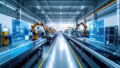 Fototapeta premium smart factory with automated robotic arms, conveyor belts, and digital screens