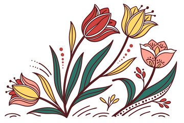 Stylized tulips in dutch folk art style with black and yellow accents