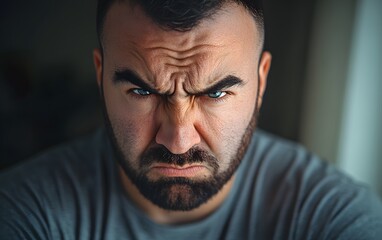 Fototapeta premium Angry Man Portrait Closeup Serious Face Expression