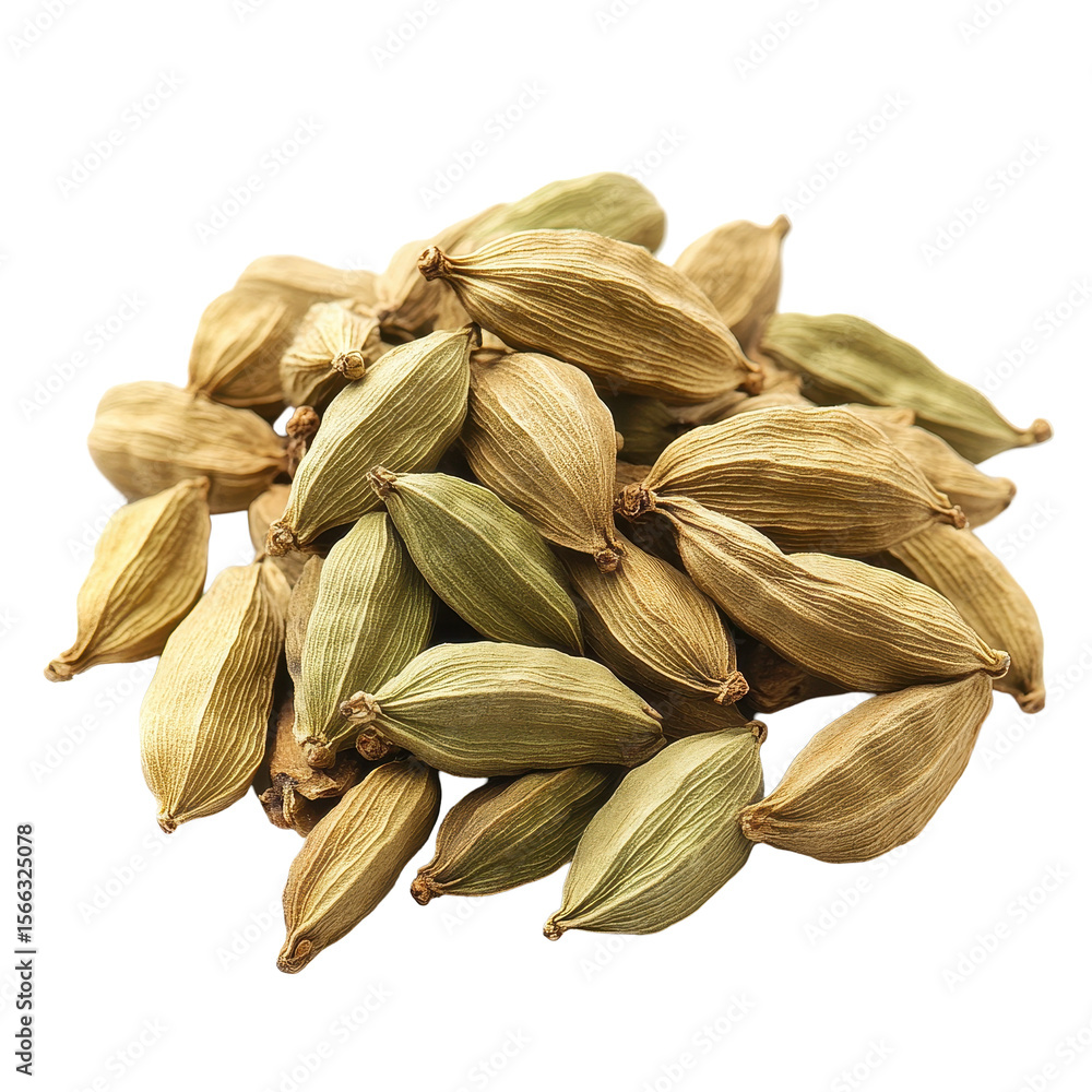 Poster detailed view of cardamom isolate showcasing its unique pod shape and color variations, cardamom iso