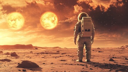 Astronaut on alien planet sunrise