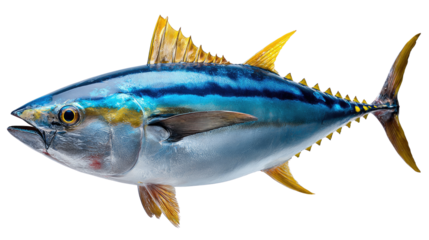 Vibrant Tuna Showcase: An exquisite image showcases a visually striking tuna, boasting a spectrum of brilliant blues and radiant yellows. A symbol of the oceans depths and the diversity of sea life