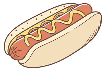 Flat design illustration of a hot dog with a squiggle of bright yellow mustard