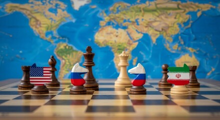 Chess pieces representing nations are positioned on a chessboard, with a world map backdrop.