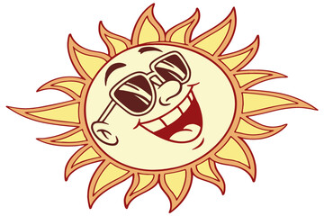 Happy smiling sun character wearing sunglasses cheerful summer icon