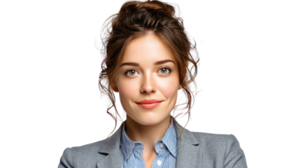 Confident Woman in Business Attire: A sophisticated woman with a soft smile and piercing eyes, embodies the essence of a confident professional in a tailored business suit.