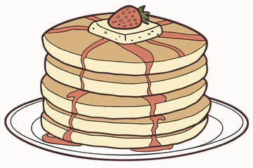 Clean flat style stack of delicious pancakes with syrup drizzle