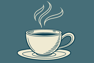 Flat design illustration of a steaming coffee cup with simple graphic elements