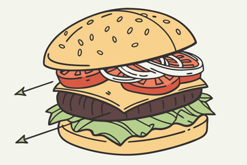 Flat burger icon with distinct layered ingredients in yellow black and cyan