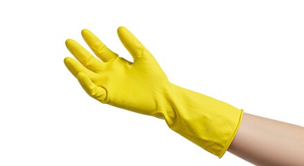 A yellow glove poised palm upward