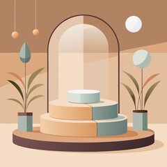 Beige and brown minimalist scene featuring a three tiered platform with plants and a rounded archway
