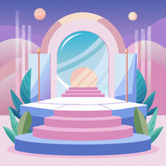 Aesthetic stage with archway, plants, and pastel colors creating a dreamy and inviting scene design
