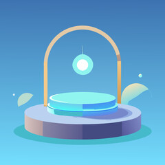 Aesthetic podium with archway and hanging light on gradient blue background for product presentation scene