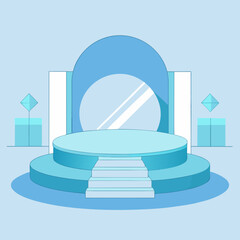 Aesthetic blue stage with circular backdrop and geometric accents for product display and presentation scene