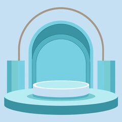 Aesthetic light blue presentation stage with archway and cylindrical stands for product display scene setup