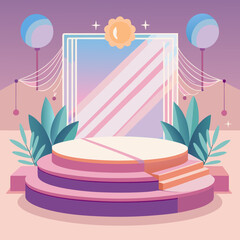 Illustration of a layered platform with plants and decorative elements in pastel color palette scene