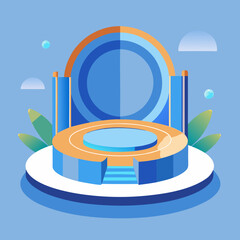 Illustration of a blue and orange stage with geometric shapes on a light blue background design style