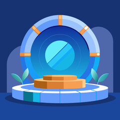 Illustration of a blue portal with an orange platform and leaves on a dark blue background