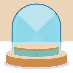 Illustration of a rounded display case with a platform, featuring blue and tan color palette and simple design