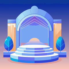 Illustration of a blue stage with archway and tiered platform under a gradient sky backdrop design