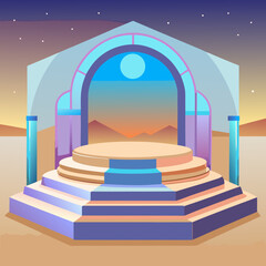 Illustration of a stage with a backdrop archway and desert scene in the background at sunset time