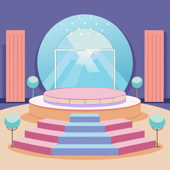 Illustration of a stage with a pink platform, blue steps and a backdrop with sparkling lights design