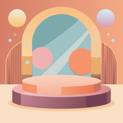 Abstract geometric stage with archway and floating spheres in pastel colors for product display backdrop
