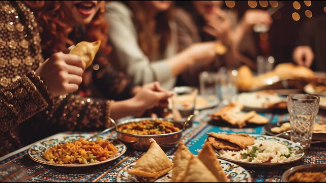 Vegetarian Indian food. several people eat Indian food at a common table together. The girl's hand takes Samos from the plate.